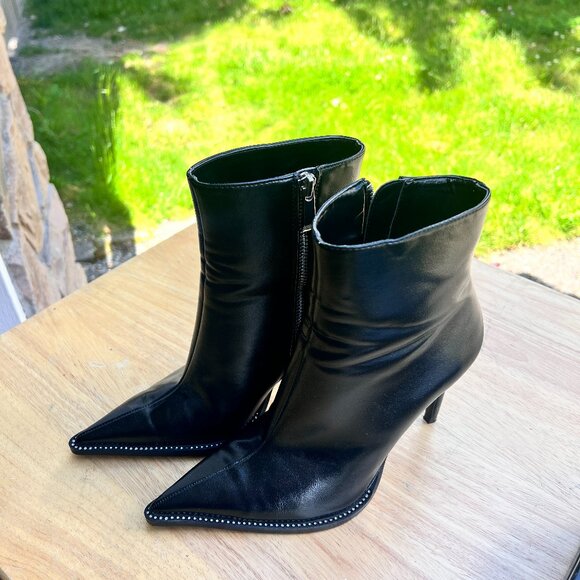 Zara Black Rhinestone Pointed Toe Ankle Booties Size EU 37 US 6.5 Patent Leather - Picture 1 of 9